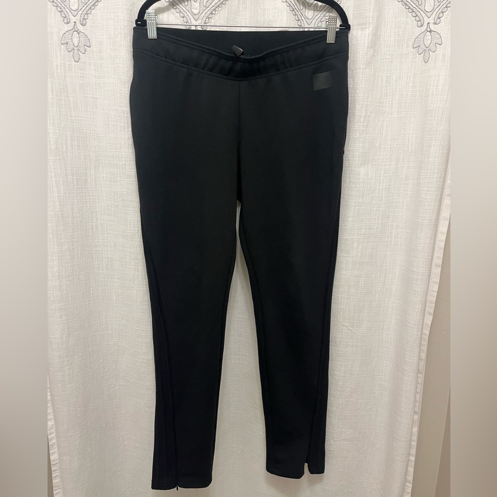 Adidas black on black track pants - tapered leg with/ hidden zippers.